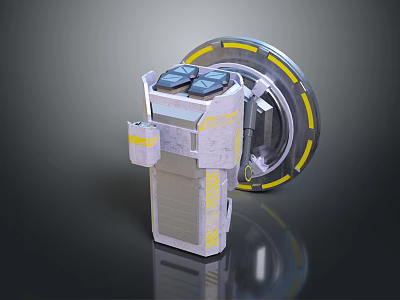3D Model Of Futuristic Mechanical Device With Circular Ring Structure Square Top Gray Yellow Color Scheme 3d model