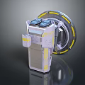 3D Model Of Futuristic Mechanical Device With Circular Ring Structure Square Top Gray Yellow Color Scheme