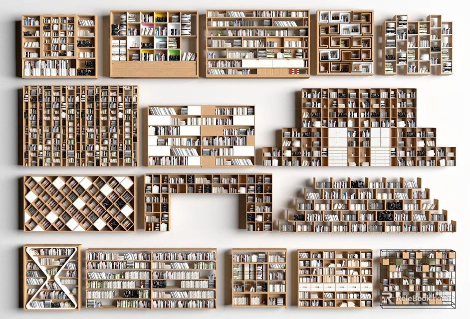 Various Designs Of Wooden Bookcases With Open Shelves And Multiple Tier Configurations 3d model 