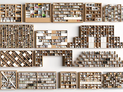 Various Designs Of Wooden Bookcases With Open Shelves And Multiple Tier Configurations 3d model