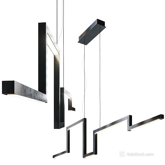 Modern Minimalist Interior Design With Linear Hanging Chandeliers And Black Metal Frames 3d model