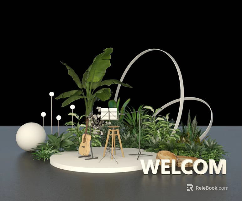 Garden Decor with Green Plants White Spherical Arches Easel and Welcome Sign 3d model 