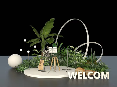Garden Decor with Green Plants White Spherical Arches Easel and Welcome Sign 3d model