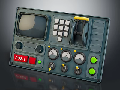 Vintage Control Panel With Screen Buttons Knobs Gauges Red PUSH Button And Green Indicator Lights 3d model
