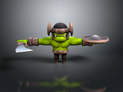 Green Skinned Orc Warrior With Horned Helmet Holding Axe And Shield 3d model