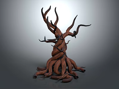 Cartoon Scene of Twisted Tree with Tangled Branches and Brown Roots on Gray Background 3d model