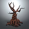 Cartoon Scene of Twisted Tree with Tangled Branches and Brown Roots on Gray Background