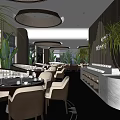 Modern Restaurant Interior Design With Dining Tables Chairs Green Plants Wooden Walls And White Counter