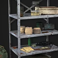 Industrial Equipment Storage Metal Rack With Multiple Shelves Holding Oil Drums Boxes Cans And Cables