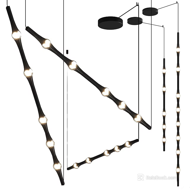 Modern Chandelier with Branch Like Black Rods and Multiple Illuminated Bulbs for Contemporary Interior Spaces 3d model 