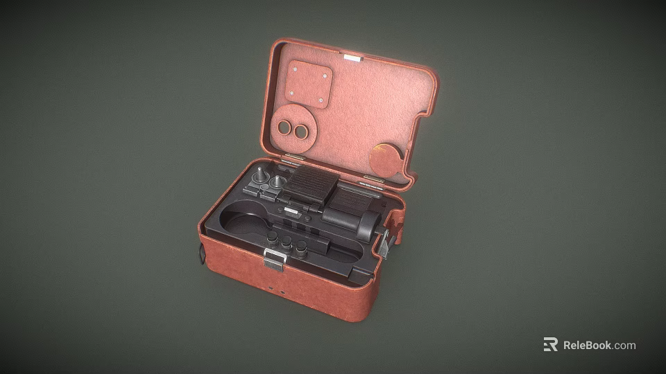 Open Brown Leather Case With Black Handgun And Small Accessories 3d model 