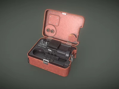 Open Brown Leather Case With Black Handgun And Small Accessories 3d model