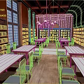 Traditional Library Interior Featuring Wooden Bookshelves Long Tables Chairs And Chandelier