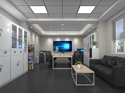 Modern Conference Room Interior With Desk Chairs TV Screen Sofa And Coffee Table 3d model