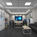 Modern Conference Room Interior With Desk Chairs TV Screen Sofa And Coffee Table