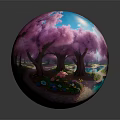 Scenic Pink Cherry Blossom Garden With Winding Stone Path Lamp Post And Stream