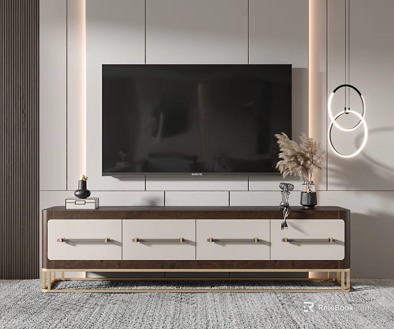 Modern TV Stand With Wooden White Design And Storage Drawers In Living Room 3d model 