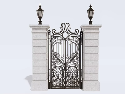 Ornate Wrought Iron Gate Design With White Pillars And Tall Lamp Posts 3d model
