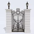 Ornate Wrought Iron Gate Design With White Pillars And Tall Lamp Posts