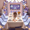 Colorful Restaurant With Purple Yellow Striped Walls Chandelier Table Blue Chairs Happy Day Balloons Checkerboard Floor
