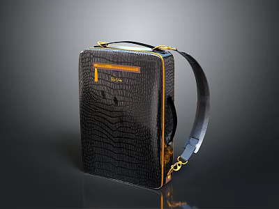 Stylish Black Shoulder Bag Daily Use Item with Crocodile Texture Yellow Trim and Metal Hardware 3d model
