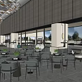 Modern Sales Office Interior With Fish Shaped Chandeliers Textured Walls Gray Flooring And Large Windows