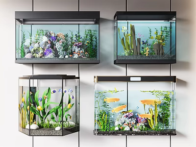 Wall Mounted Aquariums with Colorful Fish Live Plants and Decorations 3d model