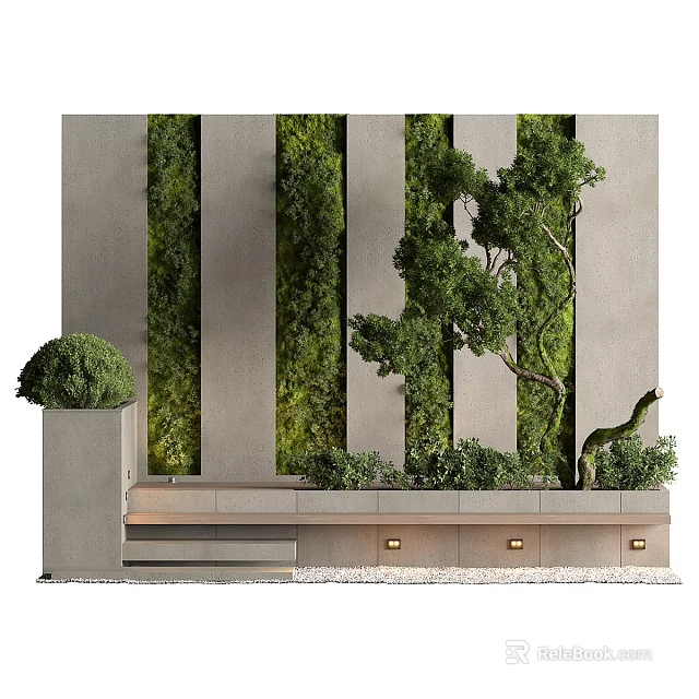Modern Vertical Living Plant Wall With Round Potted Plant And Steps Lighting 3d model 
