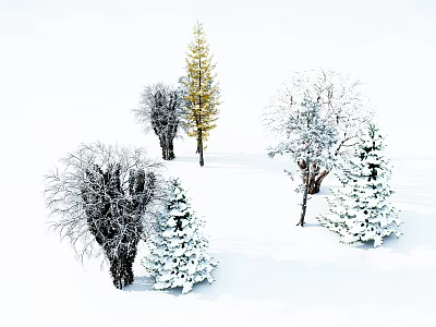 Snowy Winter Landscape With Evergreen And Deciduous Trees On White Snowy Ground 3d model