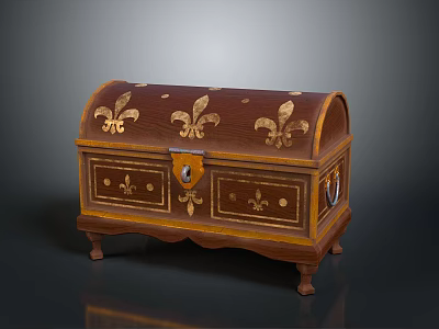 Decorative Wooden Storage Chest With Gold Fleur De Lis Carving Lock And Ornate Feet 3d model