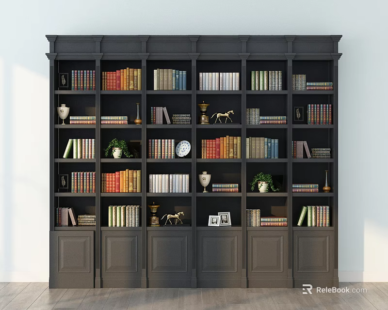Dark Wood Classic Bookcase Filled With Books Decorative Vases Sculptures Clock And Photo Frame 3d model 
