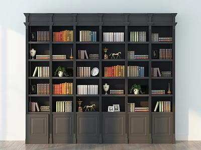 Dark Wood Classic Bookcase Filled With Books Decorative Vases Sculptures Clock And Photo Frame 3d model
