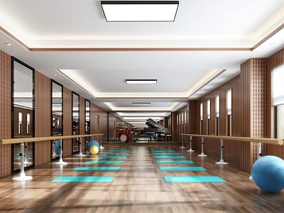 Spacious Fitness Studio With Wooden Floors Blue Yoga Mats Exercise Balls And Mirrors 3d model