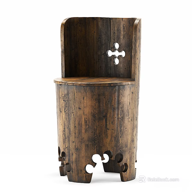 Vintage Wooden Single Chair With Rustic Carved Details And Hollow Patterns Design 3d model 
