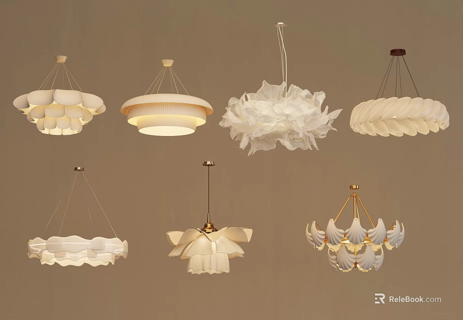 Various Petal Shaped White Chandeliers With Layered Designs And Gold Metal Accents 3d model 