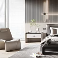 Modern Bedroom Interior Design With Striped Accent Wall Bed Nightstands And Accent Chair