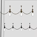Two Rows of Minimalist Pendant Lights with White Bulbs Dark Metal Frames and Grey Wall