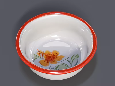White Vegetable Washing Basin With Red Rim And Yellow Flower Green Leaf Pattern 3d model