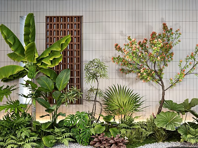 Lush Green Plants And Flowering Trees With Light Colored Wall And Wooden Lattice 3d model