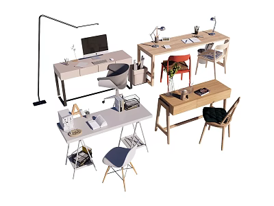 Modern Home Office Desks With Wooden And White Designs Chair Lamp And Stationery 3d model