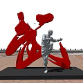 Artistic Red Wǔ Character Sculpture Featuring Standing Human Figure Under Blue Sky On Open Ground