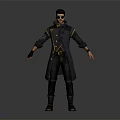 Cool Male Character In Dark Long Coat With Sunglasses Golden Accents Black Pants And Boots