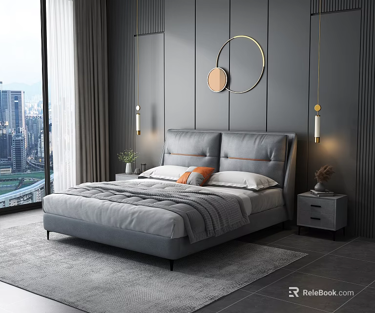 Modern Double Bed with Gray Headboard Pillows Round Wall Decor and City View 3d model 