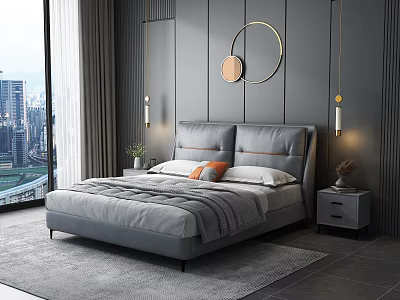Modern Double Bed with Gray Headboard Pillows Round Wall Decor and City View 3d model