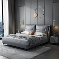 Modern Double Bed with Gray Headboard Pillows Round Wall Decor and City View