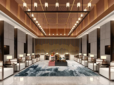 Elegant Hotel Public Lounge Area With Chandeliers Ceiling Design And Decorative Rug 3d model