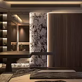 Modern Minimalist Bedroom Interior Design With Recessed Lighting Bedhead Wall Area Rug And Display Cabinet