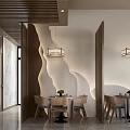 Elegant Chinese Private Dining Room With Wooden Partition Chandelier And Dining Table Chairs