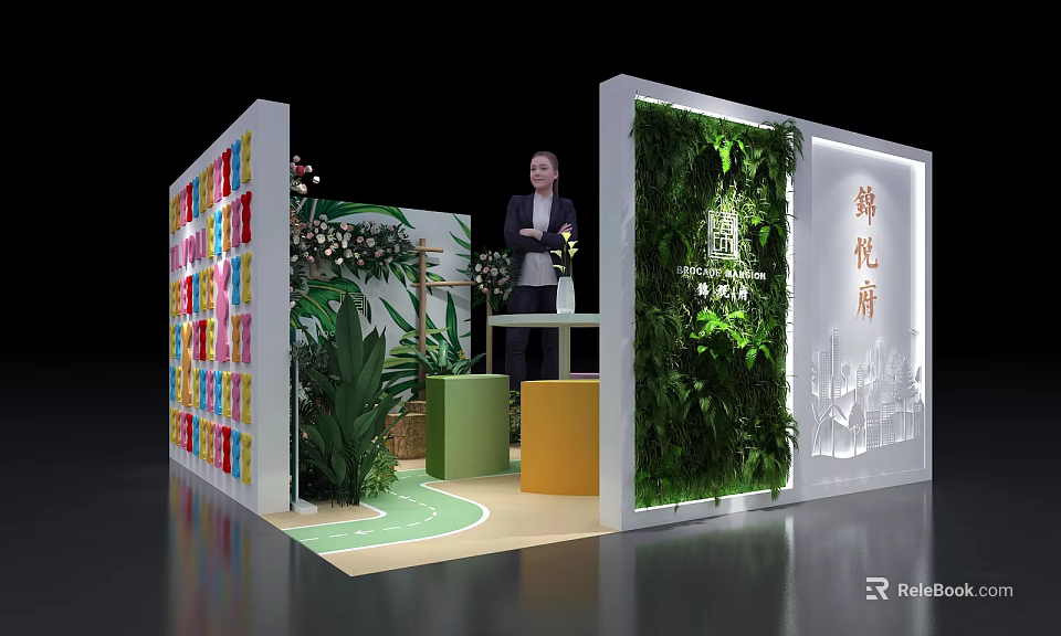 Tobacco and Alcohol Store Exhibition Booth with Green Plants Colorful Shelves 3d model 