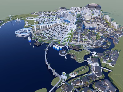 Waterfront Commercial Complex Featuring Modern Architecture Green Spaces And Bridges 3d model